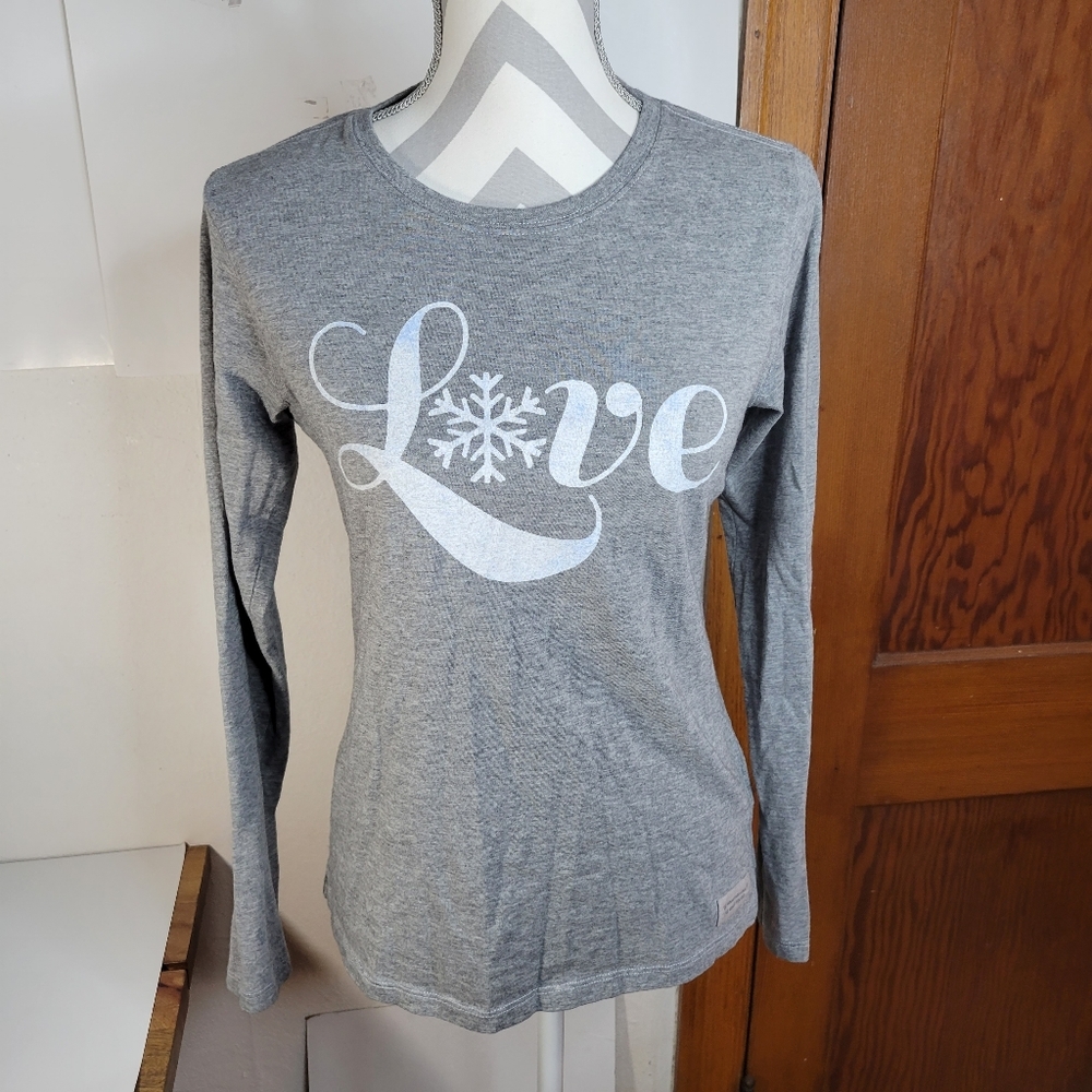 Womans Life is Good Gray Love Snowflake Long Sleeve T Shirt Size Small